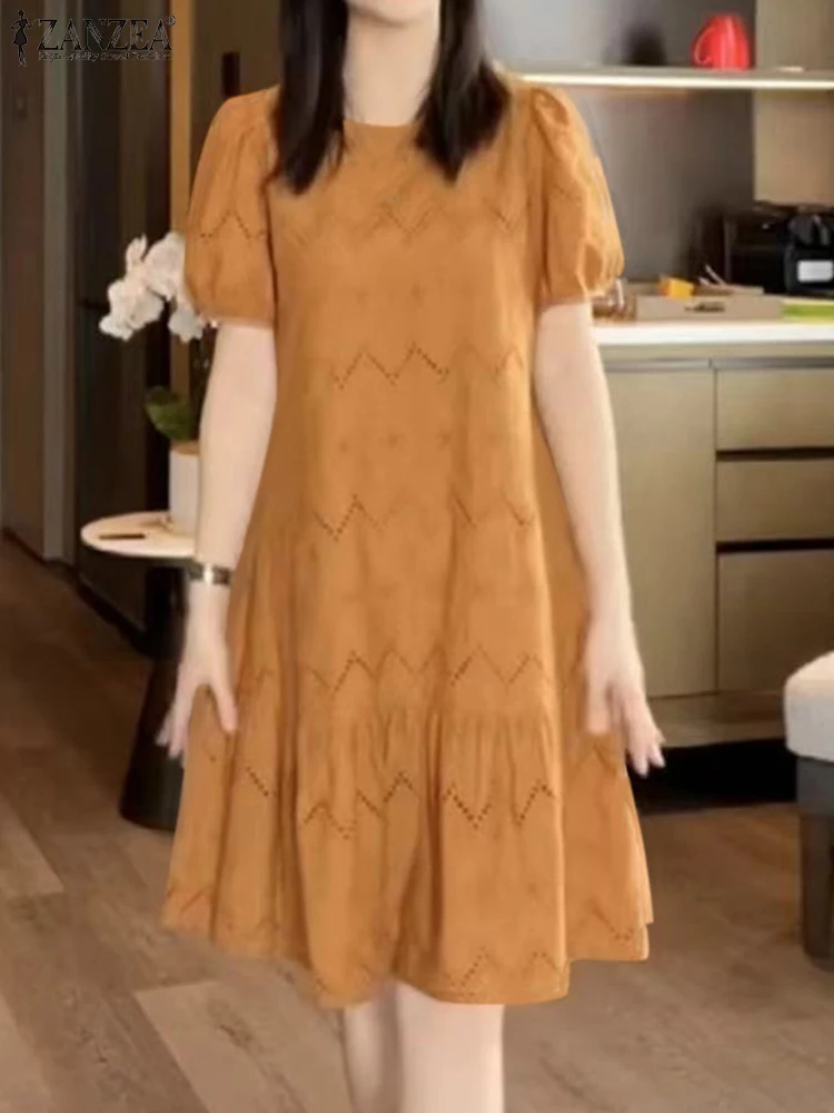 Elegant Lace Crochet Dress 2025 ZANZEA Summer Women Short Puff Sleeve Party Work Vestidos Casual Loose Holiday Midi Sundress