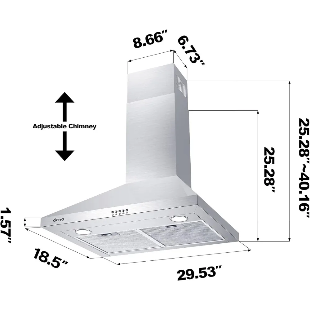 Range Hood 30 inch Wall Mount 450 CFM Ductless Range Hood Vent for Kitchen Hood in Stainless Steel