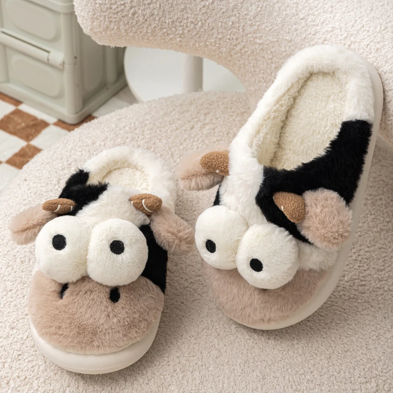 Feslishoet Winter Women Thick-Soled Shoes Adorable Cow Pattern Creative Non-Slip Comfy Versatile Indoor Outdoor Slippers Man