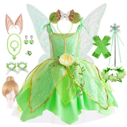 Tinker Bell Tutu Dress Baby Girl Fantasy Cosplay Fairy Costume Kids Green Leaf Glitter Gowns Child Halloween Outfits