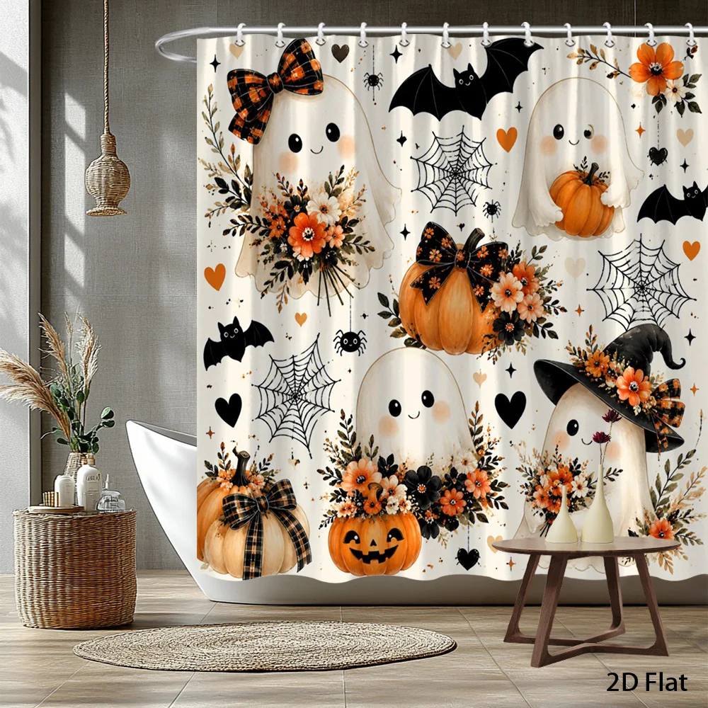 1pc Halloween Ghosts Shower Curtain Cute Ghosts with Pumpkins and Flowers Vintage Fall Theme Bathroom Decor Bath Hanging Curtain