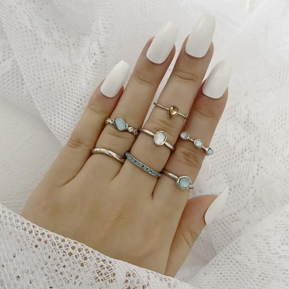 8pcs/set Vintage Colorful Stone Ring Set Metallic Chain Trendy Irregular Geometry Hit Rings For Women Girls Jewelry Gifts image 3