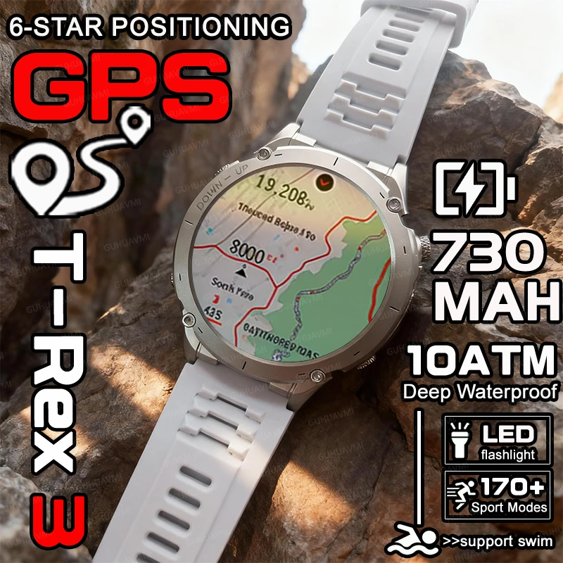 

Outdoors New T-Rex3 GPS Smart Watch Man Dual-Band GNSS Military 10ATM Waterproof LED Flashlight Compass Altimeter HD Call Watch