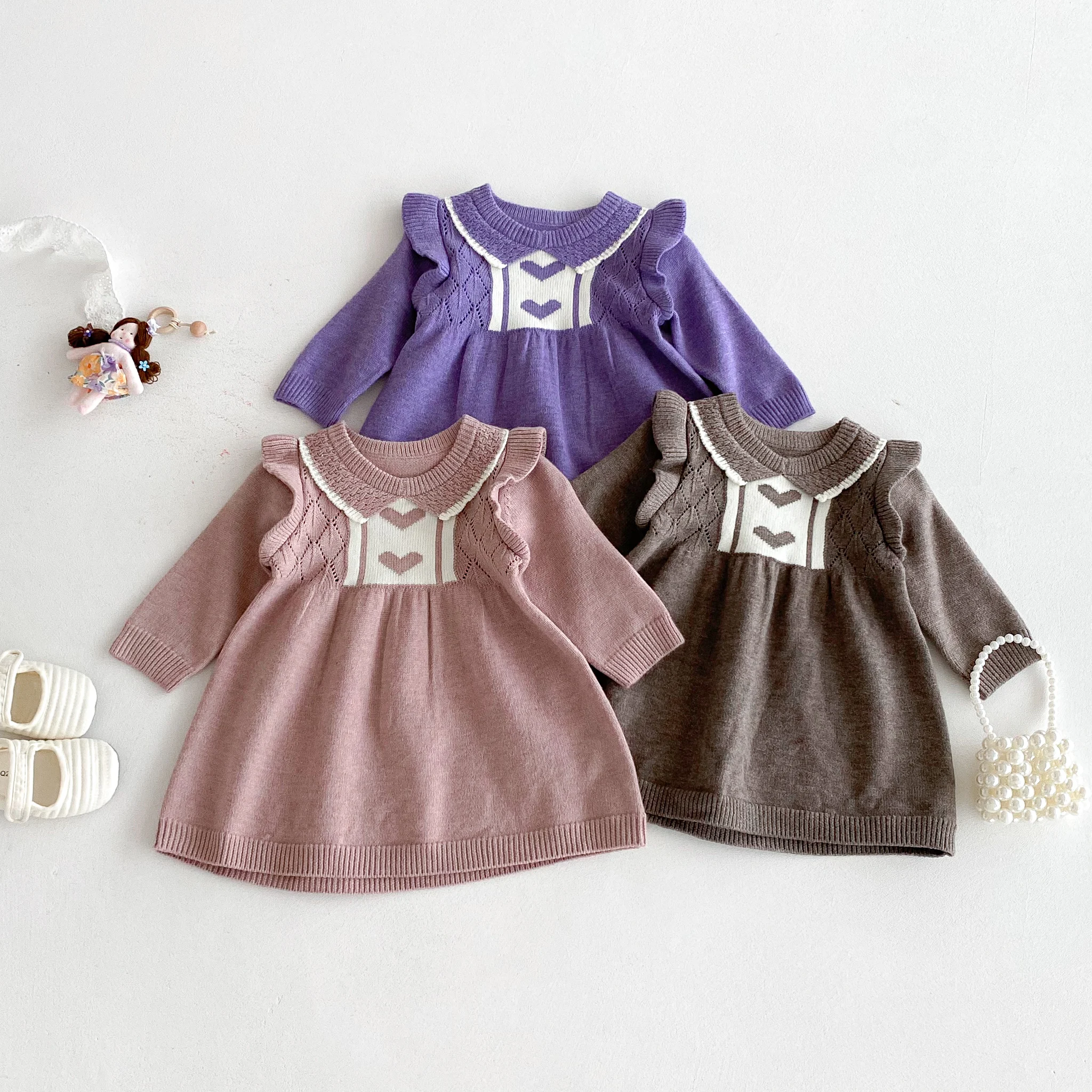 

Baby dress for autumn and winter, long-sleeved woolen dress for baby girls, heart-shaped sweet dress, princess dress