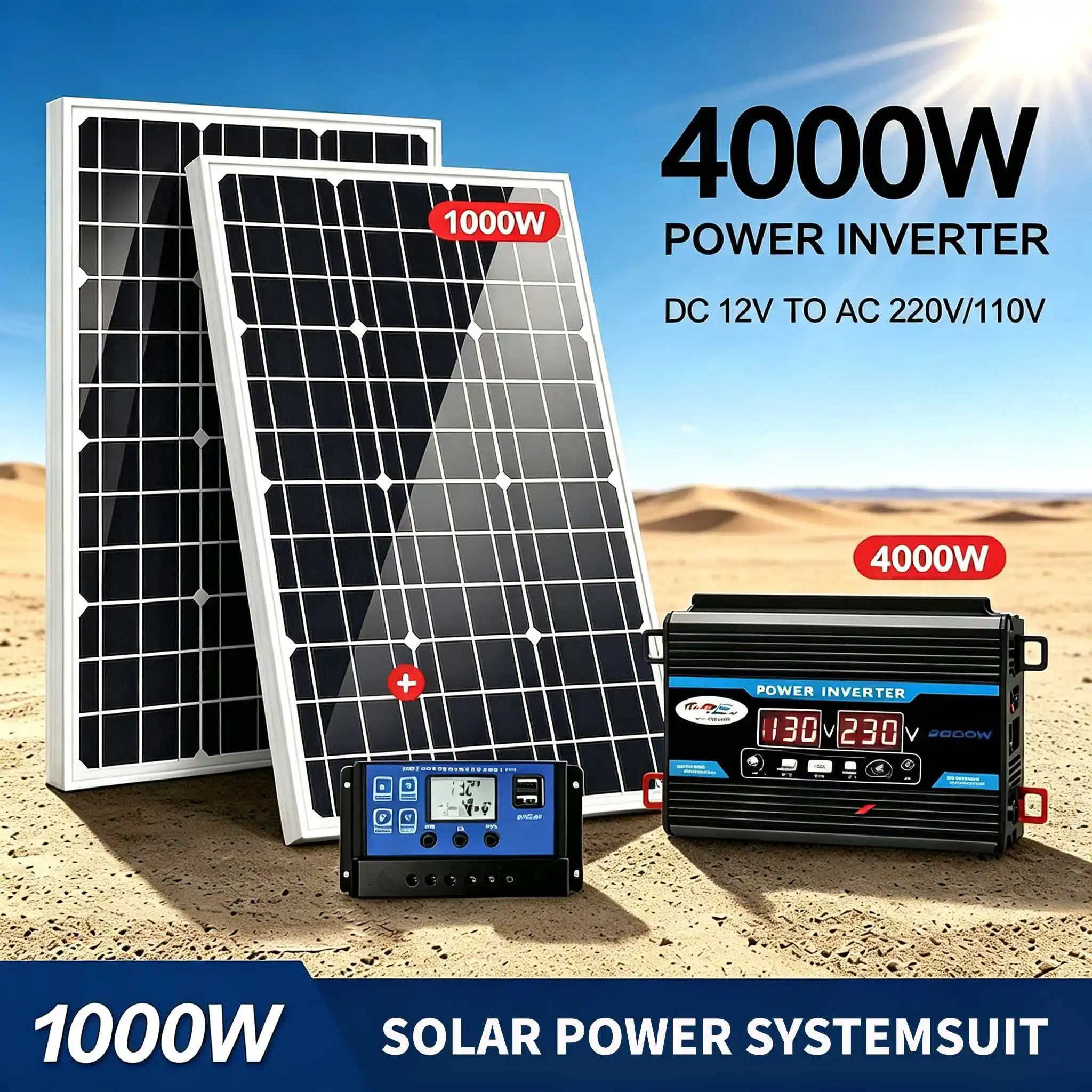 4000W Inverter Solar Panel Kit, DC12V to AC 110V/220V 100A Charge Controller Off‑Grid Solar System for Home RV Camping