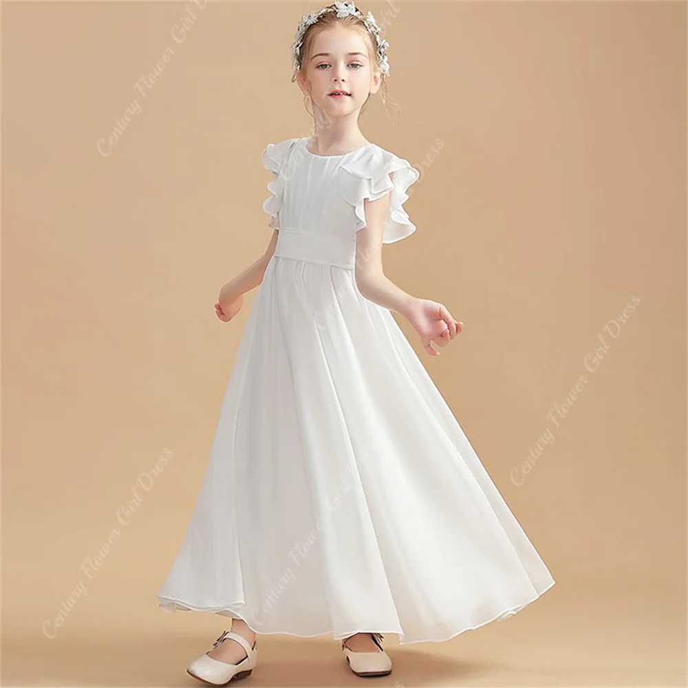 Child Flower Girl Dress Princess Chiffon Ankle-Length for Wedding Party Baptism Customized Gown Ruched Guest Kids Bridesmaid