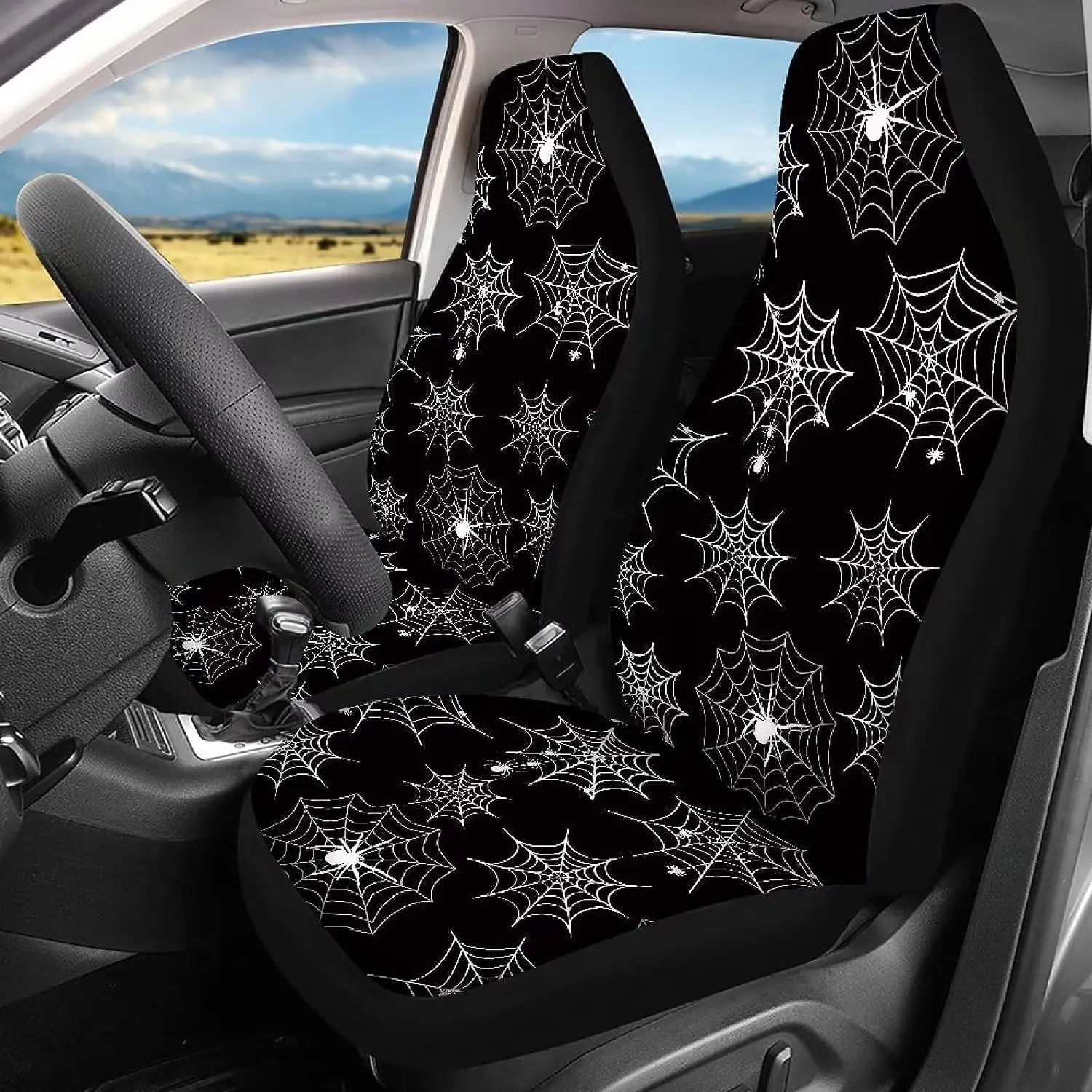 

Halloween Spide CobWeb Car Seat Cover Print Universal Fit for SUV Truck Breathable Novelty No-Slip Car Seat Protector Set of 2