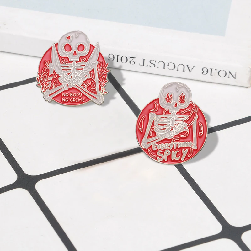 Red Punk Skeleton Enamel Pins Custom ASK ME ABOUT TRUE CRIME PODCASTS Brooches Lapel Badges Punk Gothic Jewelry Gift for Friends