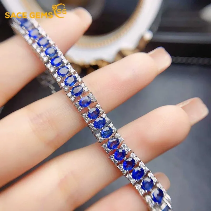 

SACE GEMS New Certified 925 Sterling Silver 3*4MM Natural Sapphire Bracelrts for Women Engagement Cocktail Party Fine Jewelry