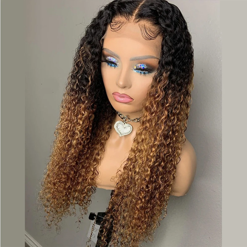 Soft Glueless 180Density Ombre Blond 26inch Long Kinky Curly Deep Lace Front Wig For Women With Baby Hair Preplucked Daily