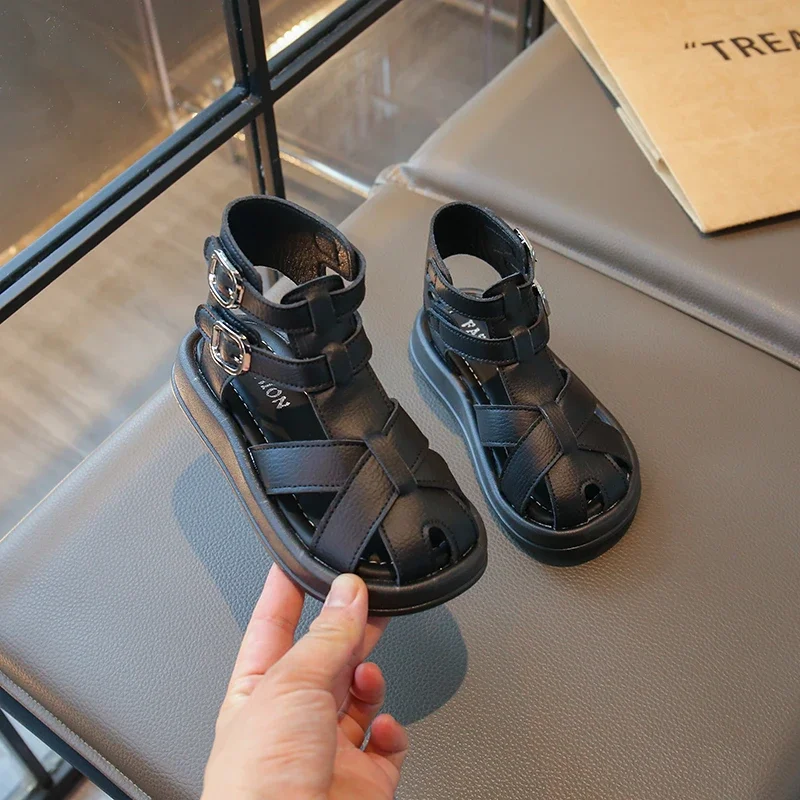Kids PU Leather Cage Sandals for Girls 2025 Summer Non-slip High Top Toddler Roman Shoes Chic Comfort Classic Fisherman Sandals