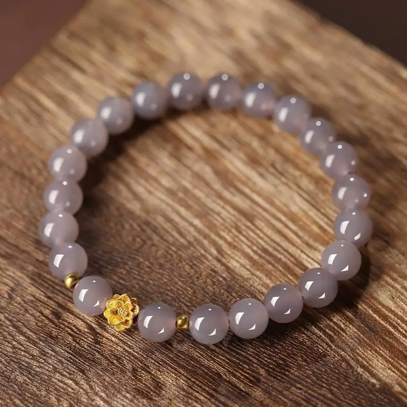 2024 New Natural Ice Seed Smoke Purple Hetian Jade Chalcedon Round Bead Bracelet Lotus Jade Single Circle Hand String for Gifts