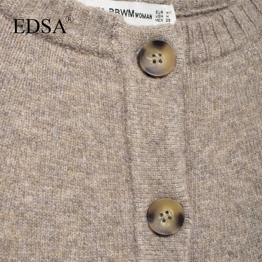 EDSA Women Knitted Cape Cardigan Round Neck Short Sleeves Ribbed Trims Button-Up Front Sweater Coat Casual Female Outerwear