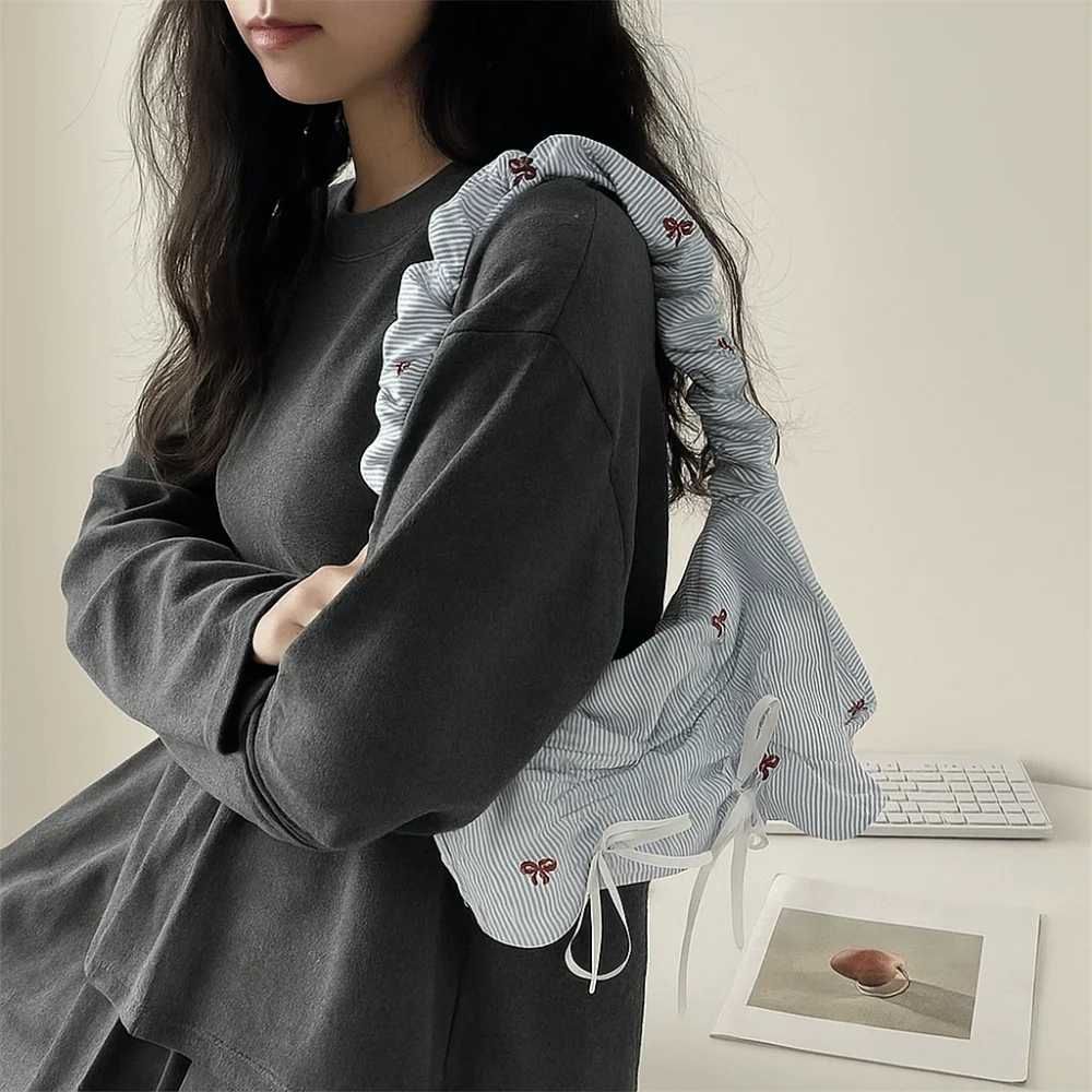 

Embroidery Sweet Pleated Shoulder Bag Stripe Bowknot Bow Tote Bag Nylon Pastoral Style Fresh Lace Handbag Girls