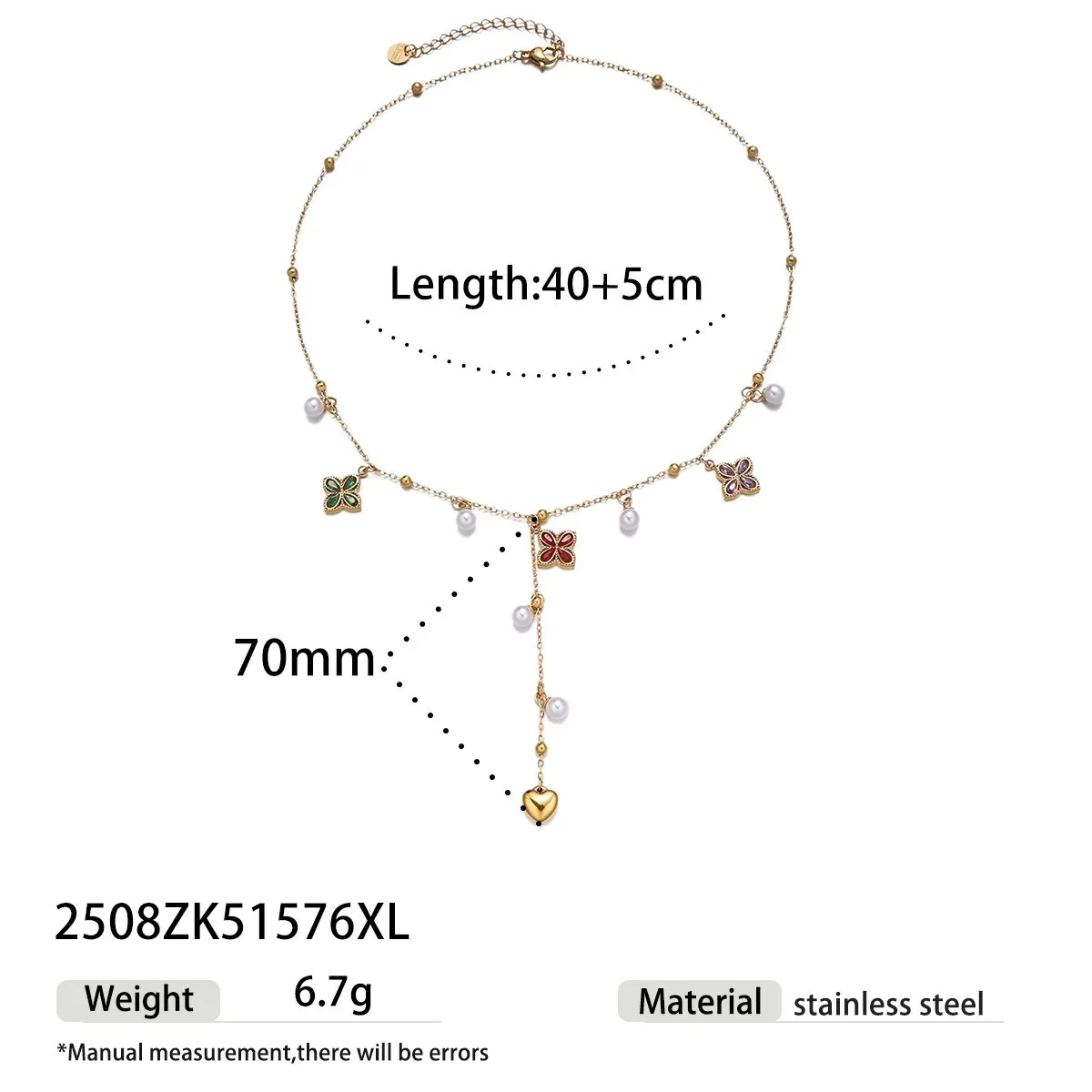 Edelstahl-Halskette mit farbigem Zirkon und Quaste, luxuriöse lange Halskette mit herzförmigem Perlenanhänger, Zirkon-Quaste, nicht verblassender Schmuck – Detail 8