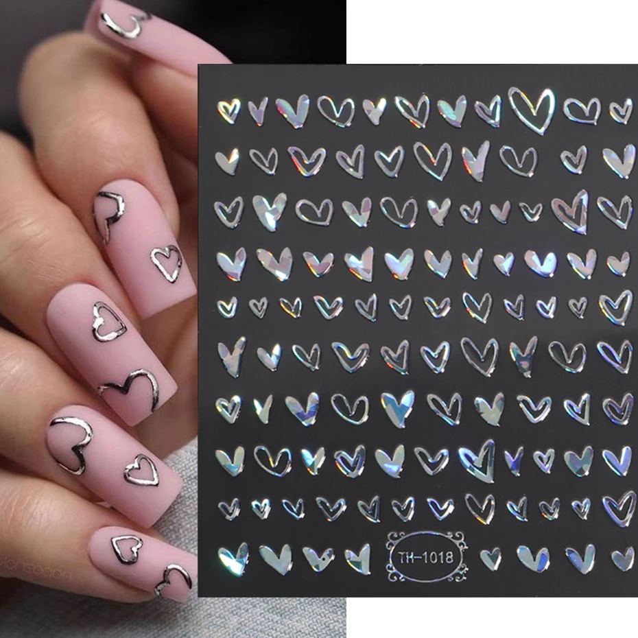 1PCS Gold Heart Nail Stickers Y2K Nail Art Decoration Hollow Love Heart Abstract Bronzing Flowers Stickers For Nails