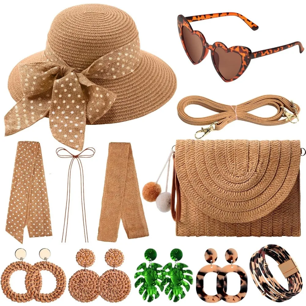 

15 Piece Summer Beach Set with Wide Brim Straw Hat Bag Heart Sunglasses Boho Earrings Bracelet Rattan Purse Vacation