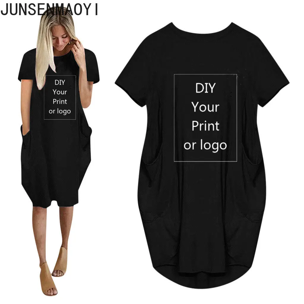 DIY Your like Photo or Logo Women Casual Loose Dress With Pocket Ladies Fashion O Neck Long Tops Female T Shirt Dress