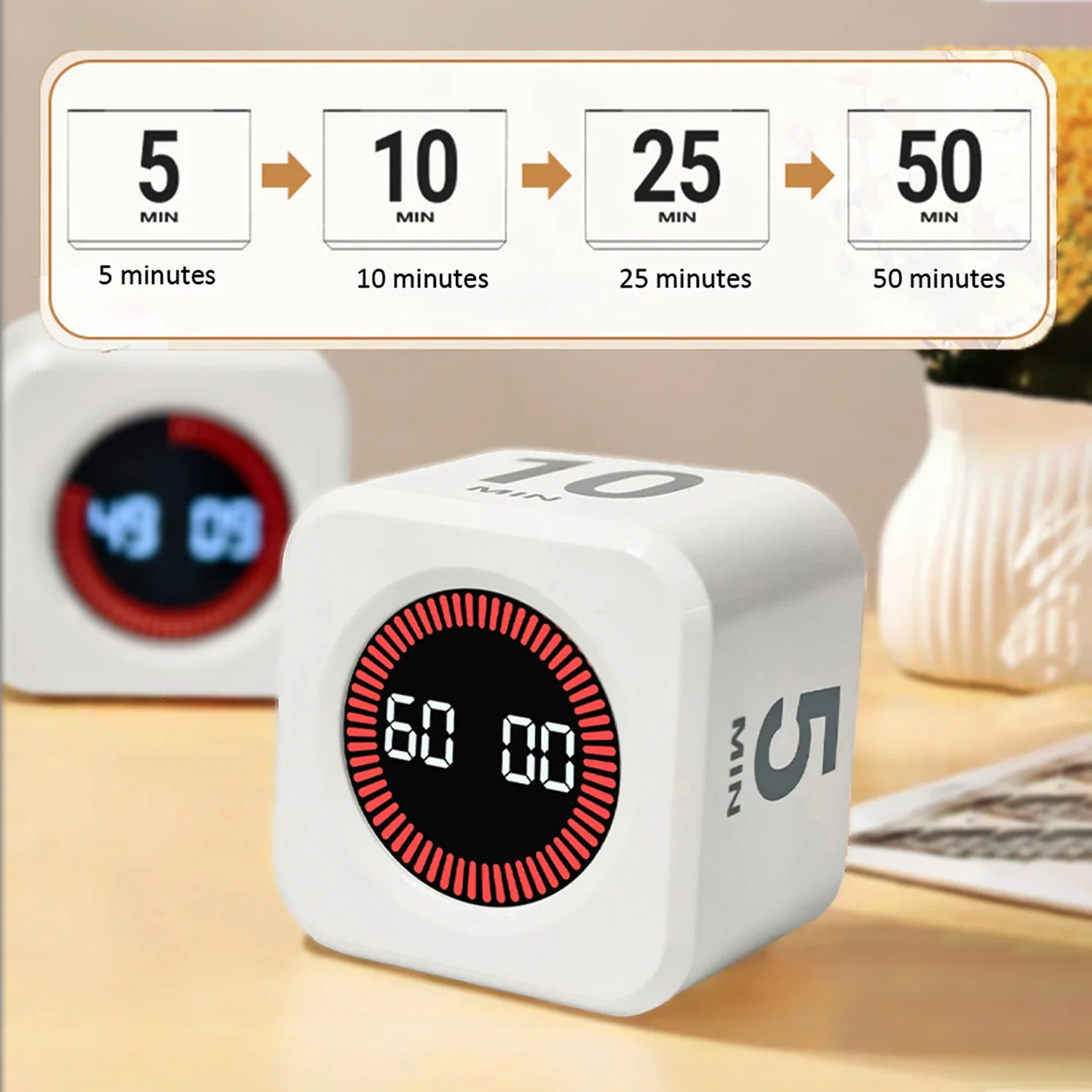 Cube visual timer, positive/countdown mute C-type gravity sensor, digital alarm clock (for cooking, sports, studying, etc.)