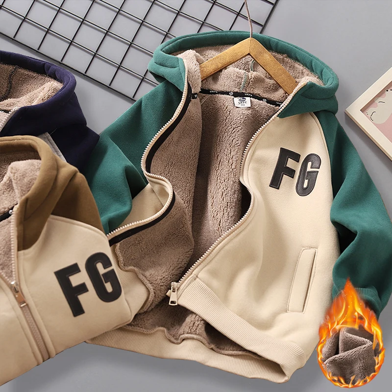 Winter Keep Warm Boys Coat Fashion Letter Lamb Wool Lining Thickened Hooded Jacket for 4-12 Years Kids Outerwear Child Clothing