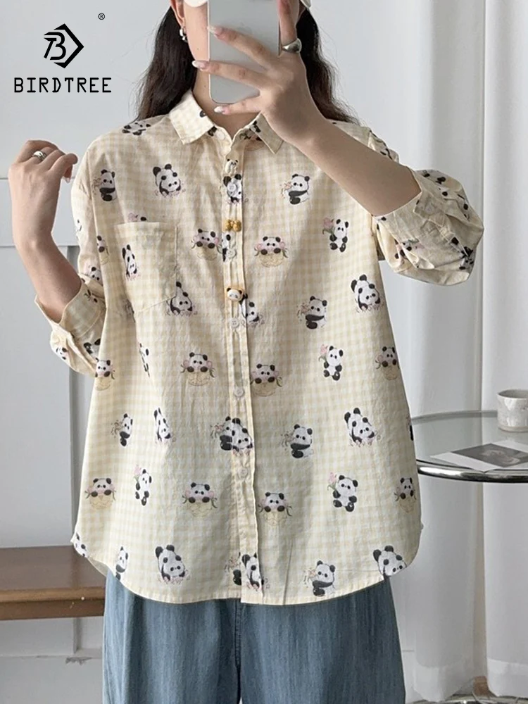 

New 2026 Spring Women Cotton Long Sleeve Shirt, Turn-down Collar Print, Mori Girl Cartoon Age Reduction Loose Blouse T62019CC