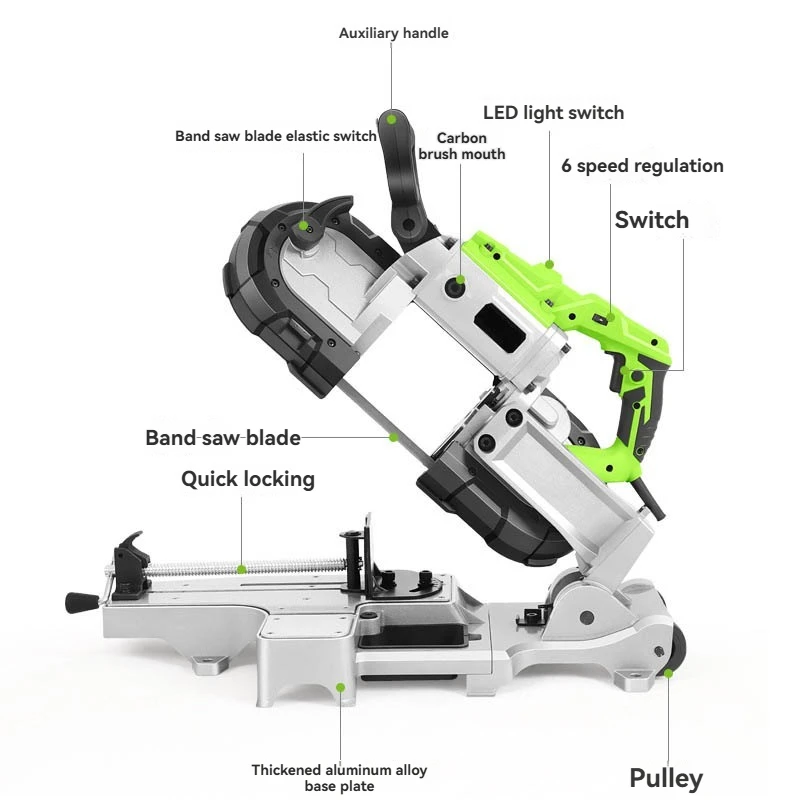 High Power 1100W Portable Band Saw 6 Gears Speed Adjustable Handheld Electric Saw for Wood Metal Cutting