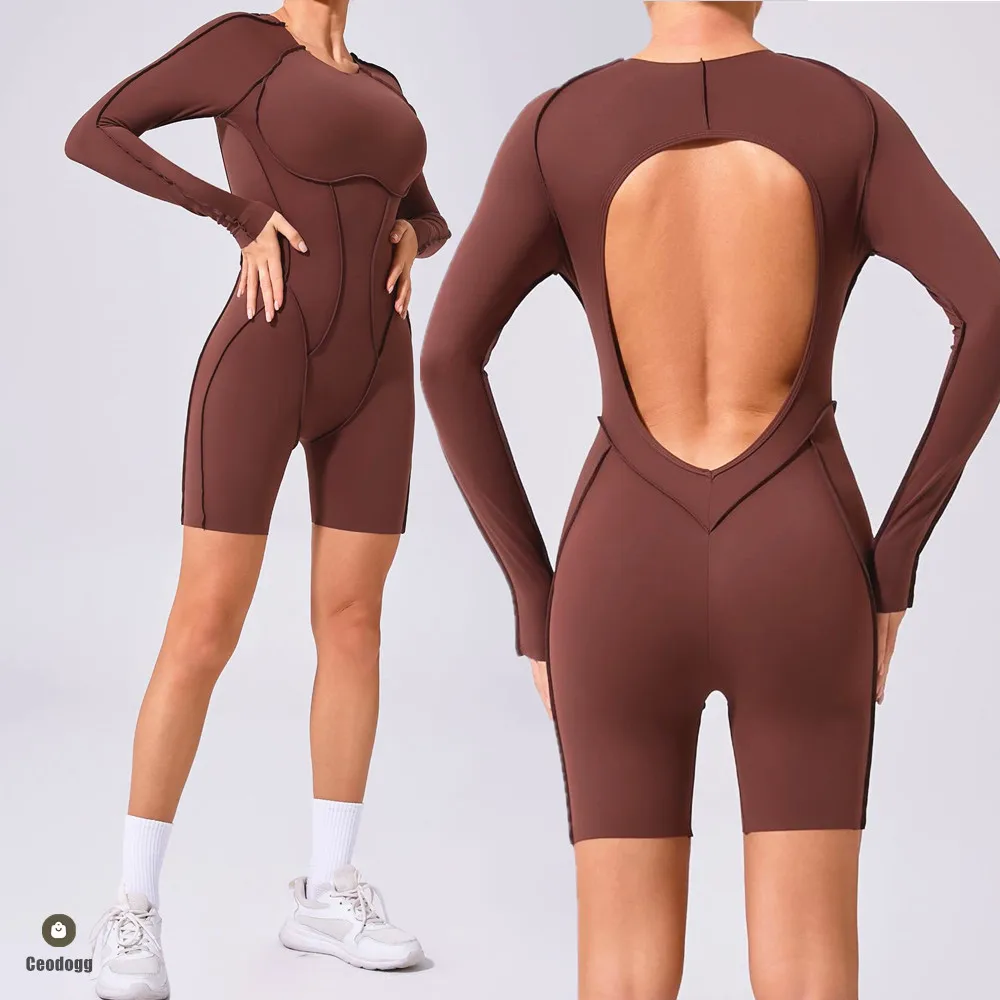 2025 Pad Nylon Women Bodysuit Fitness Yoga Set Splicing Exposed V Butt One-Piece Long Sleeve Set Gym Sports Push Up Jumpsuit