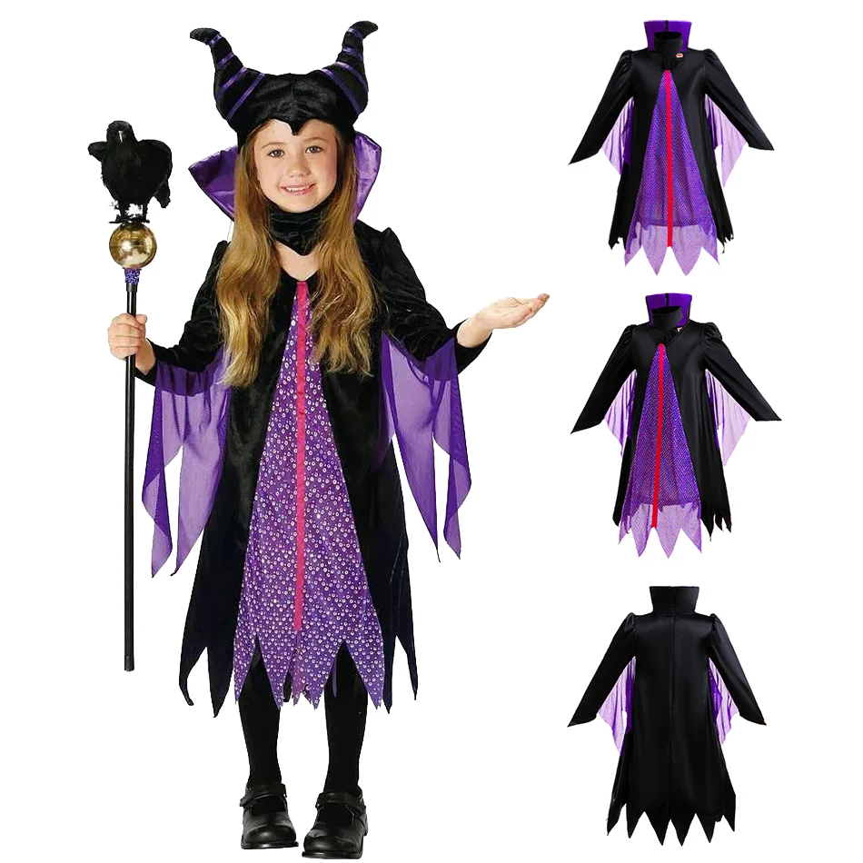 

Halloween Maleficent Costume Girls Spliced Stand Collar Clothes Sleeping Beauty Princess Dress Carnival Role-playing Clothing