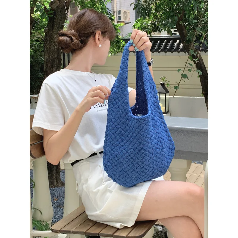 Artistic Minimalist Versatile Korean Style Knitted Shoulder Bag Large Capacity Tote Vintage Solid Color Woven Shopping Bag