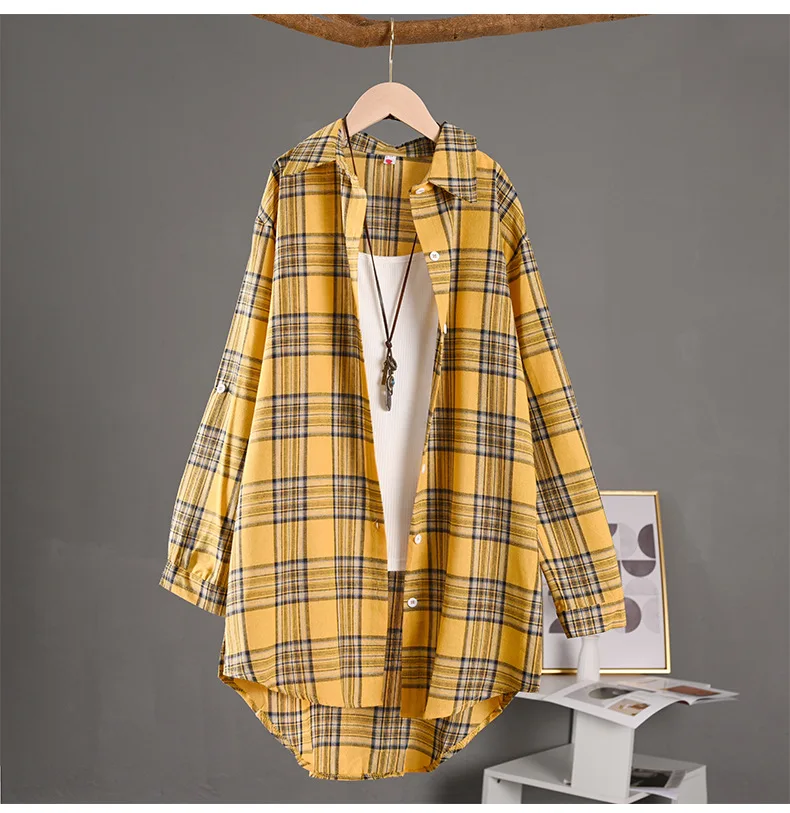 

Long-sleeved shirt for and autumn thin coat loose butt cover fashion plaid shirt mid-length front short back long top