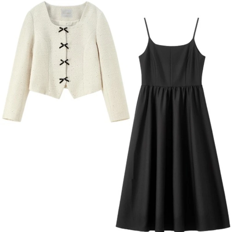 Sentubila conjunto de terno de tweed feminino 2025 outono gola virada para baixo contraste cor arco casaco & vestido suspender roupa de escritório 153za2418