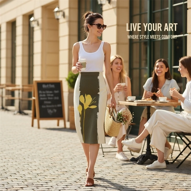 

Women Midi Skirt Autumn Contrast Color Wrinkle Effect with Slit Straight Hem Casual Chic Office Wear