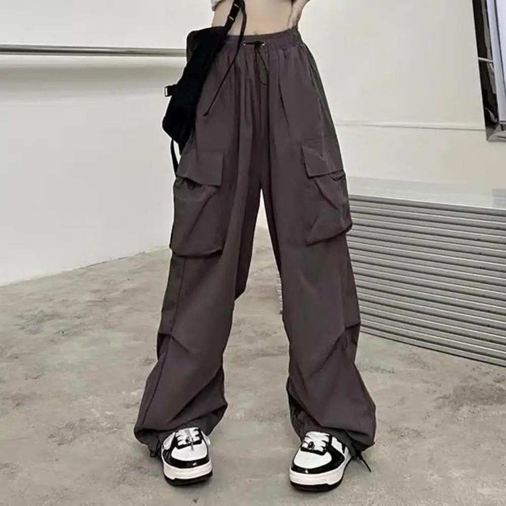 Wide-legged Trousers Versatile Women's Cargo Pants Elastic Waist Quick-drying Fabric Wide-legged Overalls for Sports Streetwear