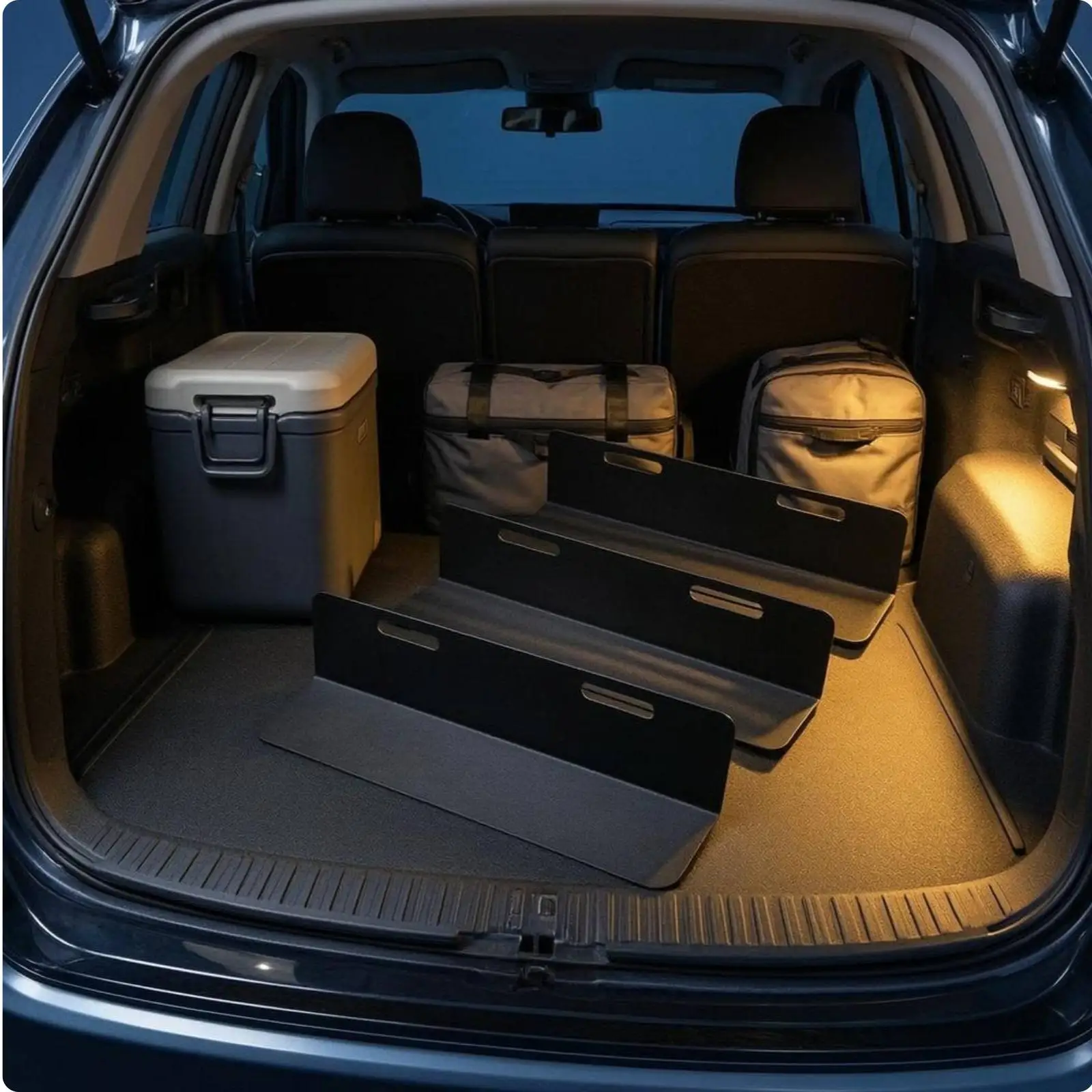 Car Trunk Luggage Retainer Dark Matte Finish Iron with Velcro Cargo Divider Storage Accessory for Automotive Rear Compartment