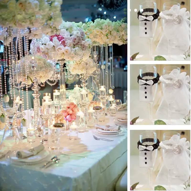 2Pcs/Set Bridal Veil Bow Tie Bride & Groom Tux Bridal Veil Wedding Party Toasting Wine Glasses Decor Wedding Party Decoration