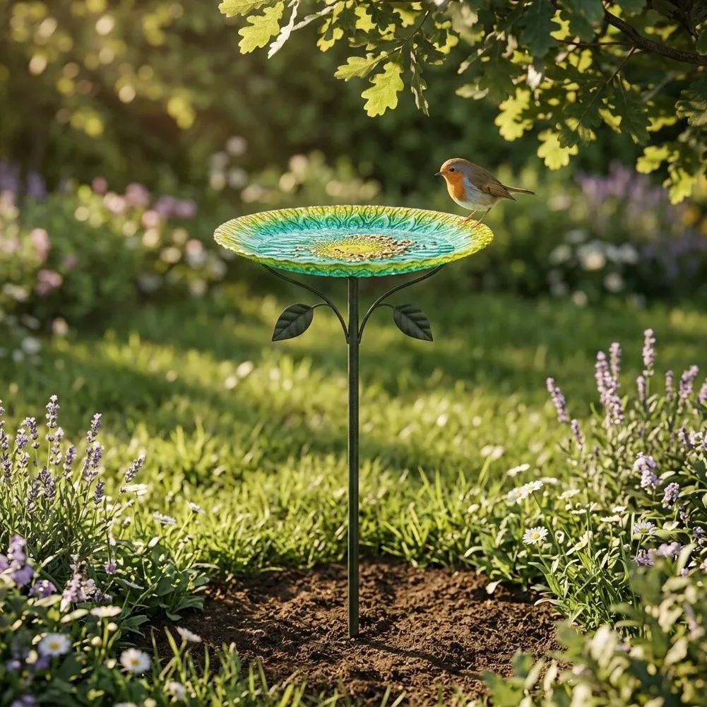 Peacock Green Metal Bird Water Basin 83cm Tall 24.5cm Round Tray with Secure 3-Prong Ground Stake for Outdoor Wildlife Areas