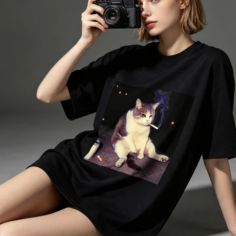 Funny Fashion T-shirts Casual Tees Vintage Cigarette Kitten Smoking Cat Meme Stupid Graphic T-Shirt Men Women Clothing