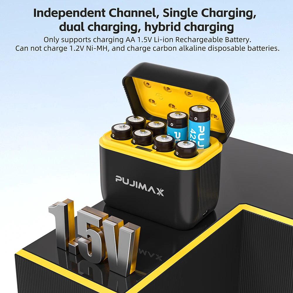 PUJIMAX Rechargeable Lithium Battery Charger with 8pcs AA 4255mWh Batteries High Capacity 1.5V Battery 8 Slots Intelligent Charging Compartment for Mouse Remote Control