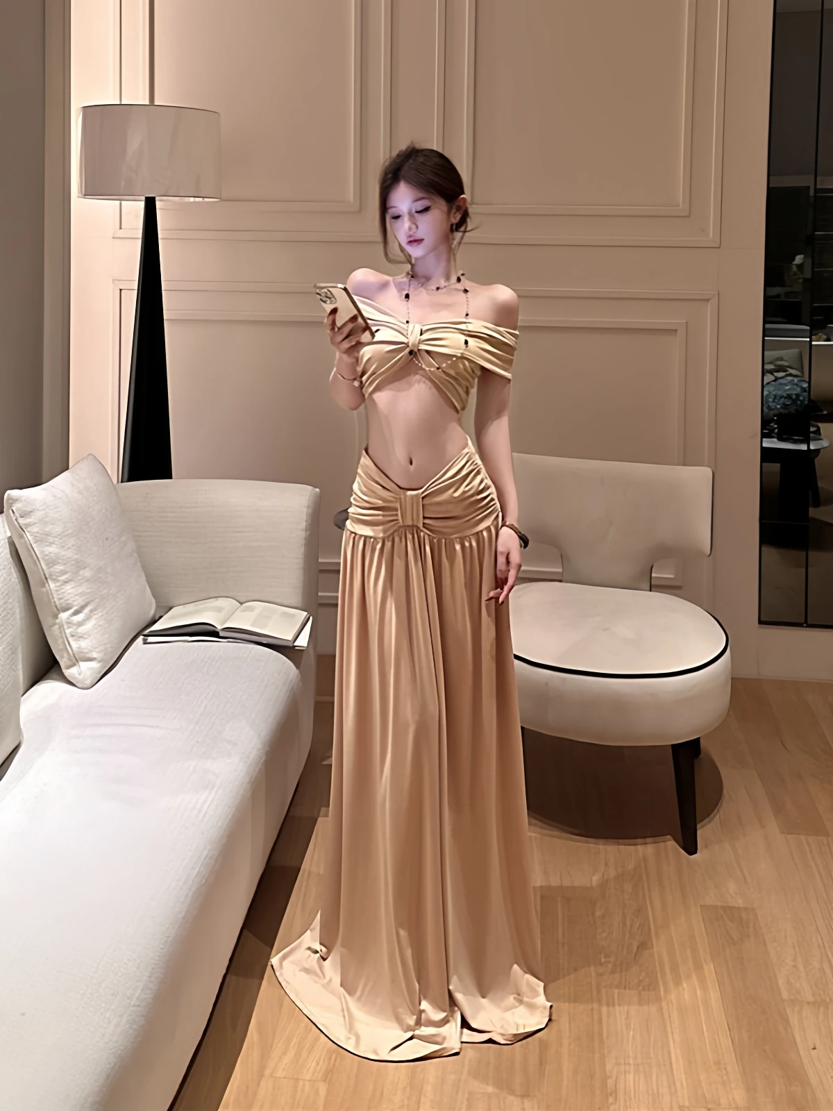 

Sexy Knot One oulder Long Dr Set Island Vaion Dopane Sle f Length Skirt Hot Girl Faion Outfit
