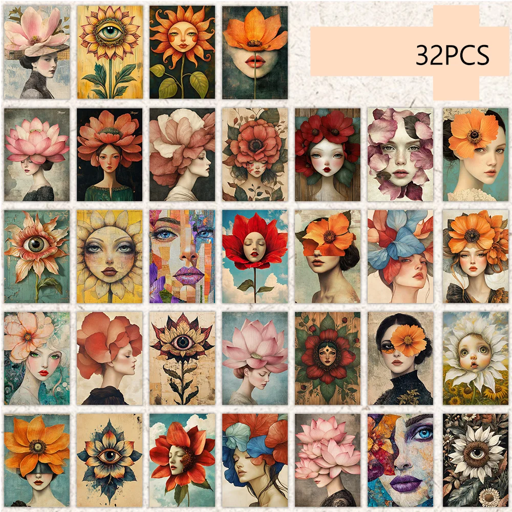 32PCS Artistic Texture Flower Girl Decorative Postcards, Flower Girl Theme Postcards, Collectable and Mailable