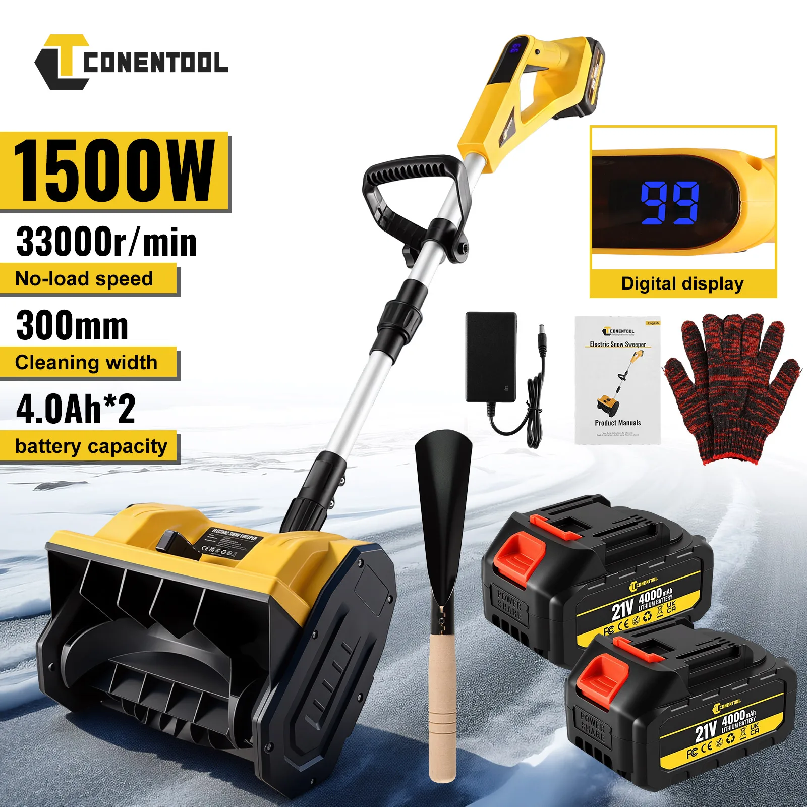 CONENTOOL 33000RPM 1500W Electric Snow Shovel 21V Cordless 