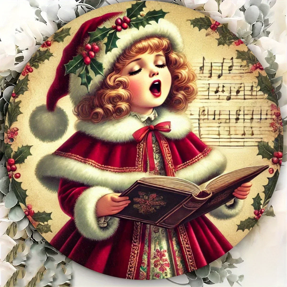 Christmas gift Christmas Caroling Girl Theme Metal Sign Art Set, Wreath Sign for Outdoor & Festive Party Decorations Merry C