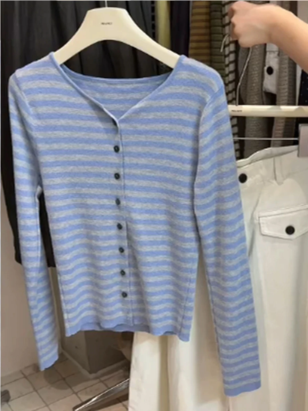 Blue Striped round Neck Single Button Long Sleeve Knitted Open Cardigan Women's Autumn High-End Slimming Small Figure Top