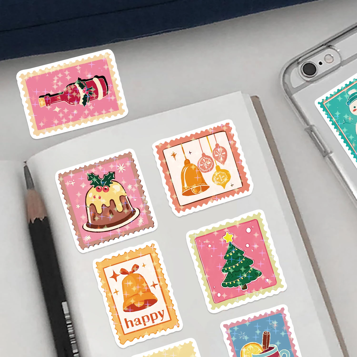 50 قطعة عيد الميلاد الديكور ختم ملصقات الحنين القراءة الكتابة على الجدران بطاقة PVC الهاتف المحمول المحمول سجل القصاصات مقاوم للماء الجمالية