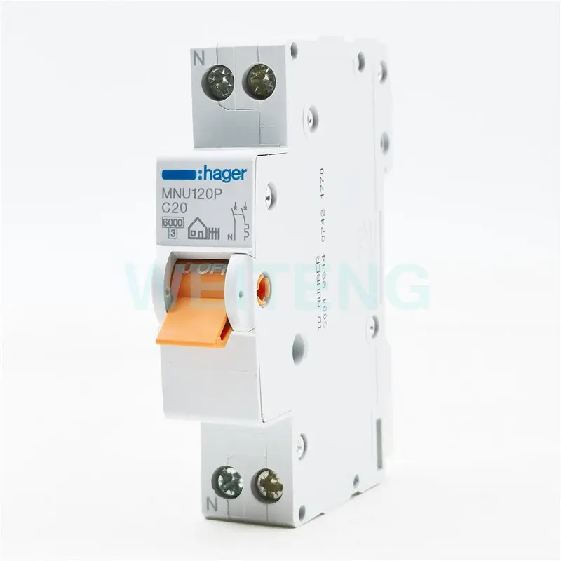 New HAGER MNU116P Air Switch Single Phase Zero Line Protection Double Input and Double Output MNU120P Circuit Breaker 1PN 1pcs