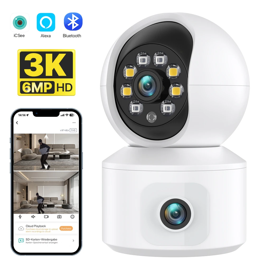 6MP Dual Lens WIFI IP Camera Indoor 2K HD Dual Screen Home Baby Monitor AI Human Detection Mini PTZ Camera Security Surveillance