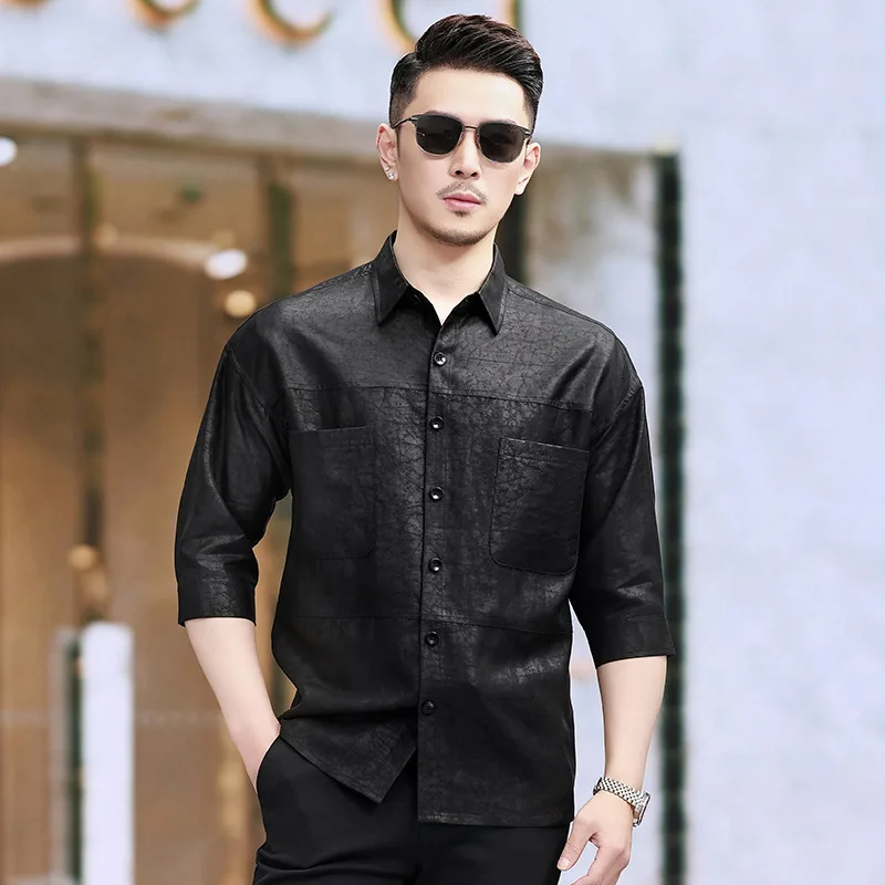 

High Quality Real Silk Men's Summer Xiangyun Yarn Crack Short Sleeve Shirt Youth Thin Casual Loose Half Wear