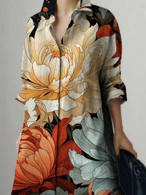 Dames Lente Herfst Trendy Bloemenprint Revers Maxi-jurken 2026 Nieuwe Lange Mouwen Losse Vrouw Button-down Dames Shirtjurk