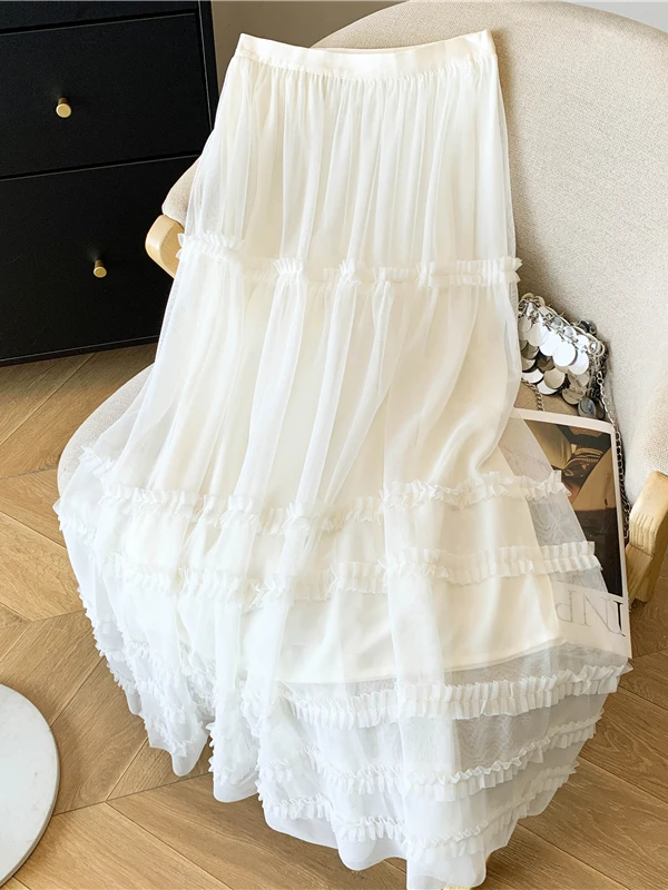 Elegant Korean Style Multi-Layer Ruffle Mesh Half Skirt Women's High Waist Slimming Draping Cake Long Skirt Trendy Summer New...