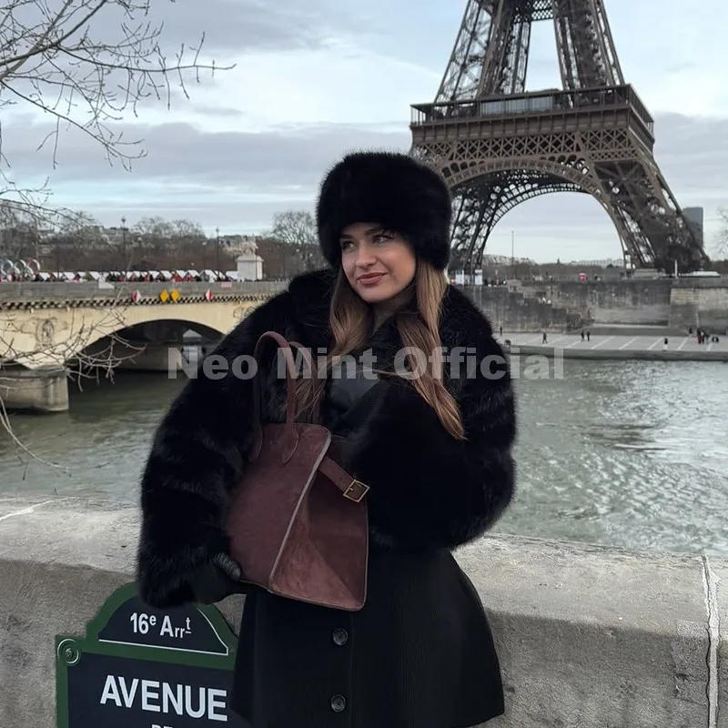 Neo Mint Winter 2025 Trendy Brown Obsession Cropped Shawl Collar Faux Fur Coat Women Jacket Chic Girls Brand Fox Fur Outerwear